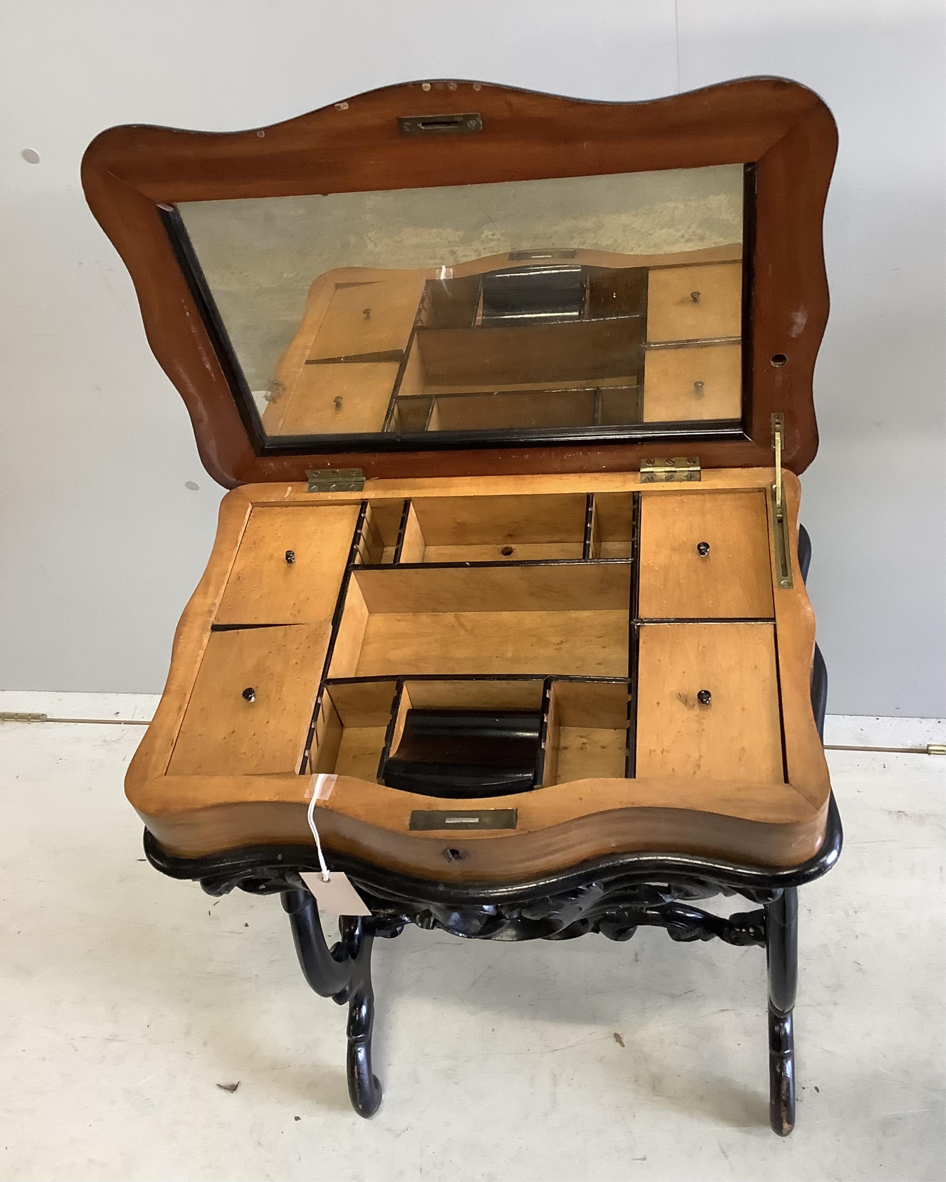 A 19th century French parquetry inlaid ebonsied walnut work table, width 53cm, depth 39cm, height 71cm together with a French walnut side chair. Condition - fair to good